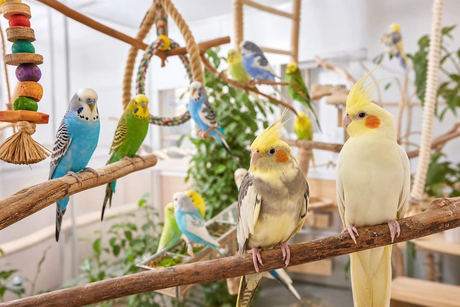 Colourful companion birds perched indoors
