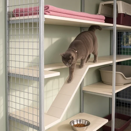 Cat using shelves and a ramp in a cattery unit