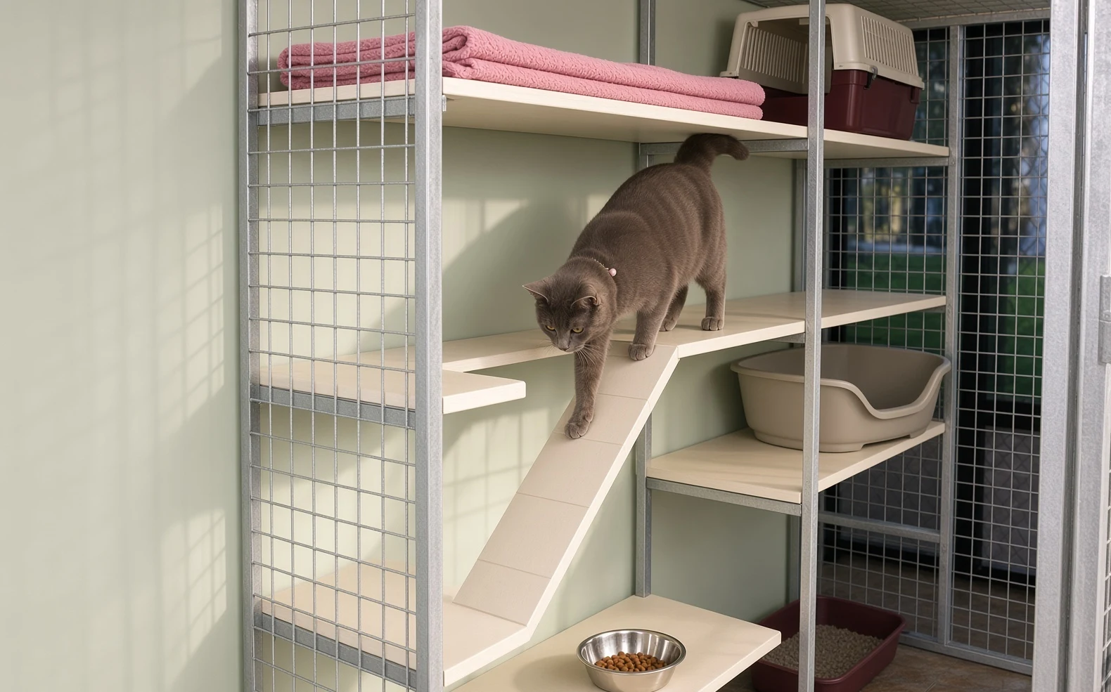 Cat using shelves and a ramp in a cattery unit
