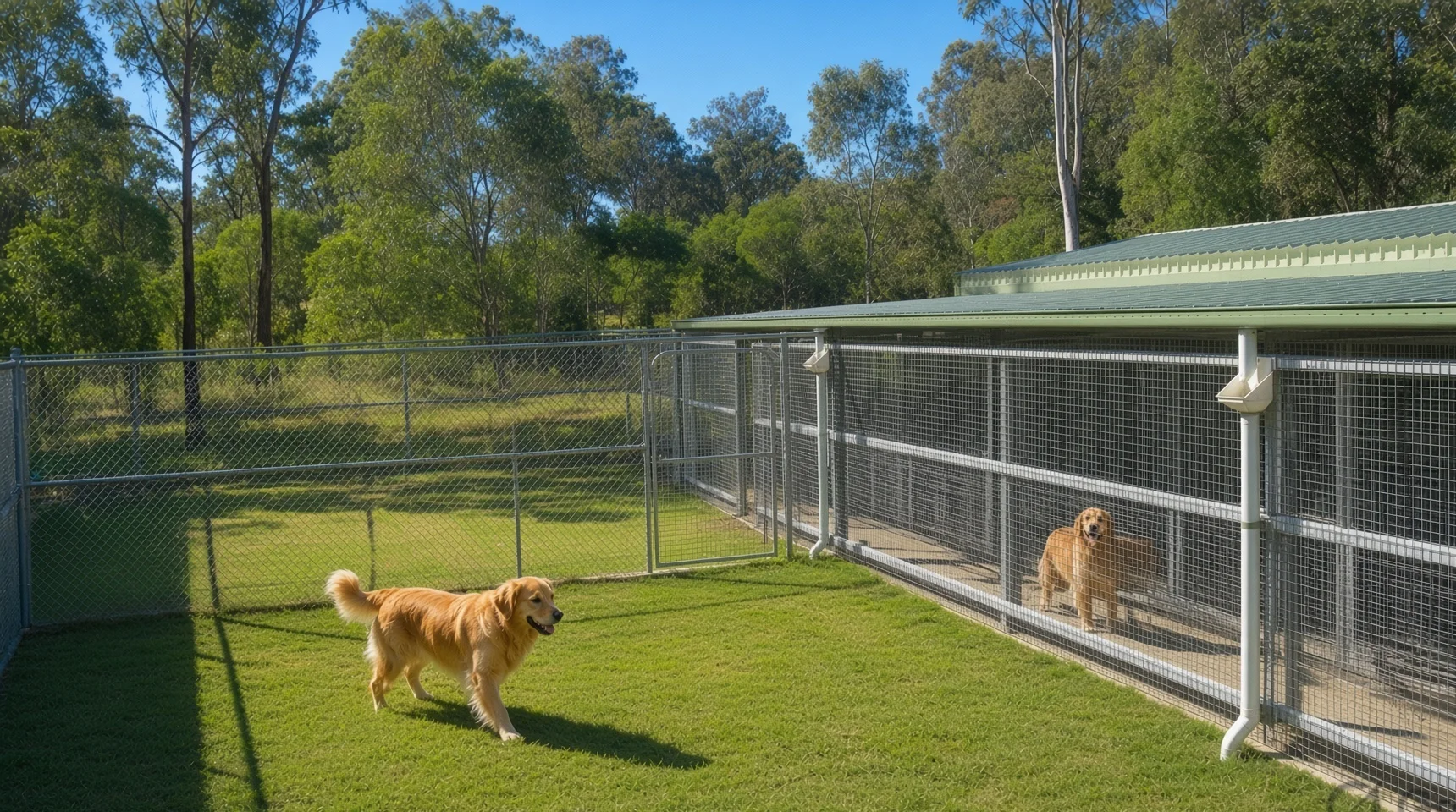Dogs beside the kennel complex and grassy exercise yard