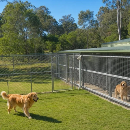 Dogs beside the kennel complex and grassy exercise yard