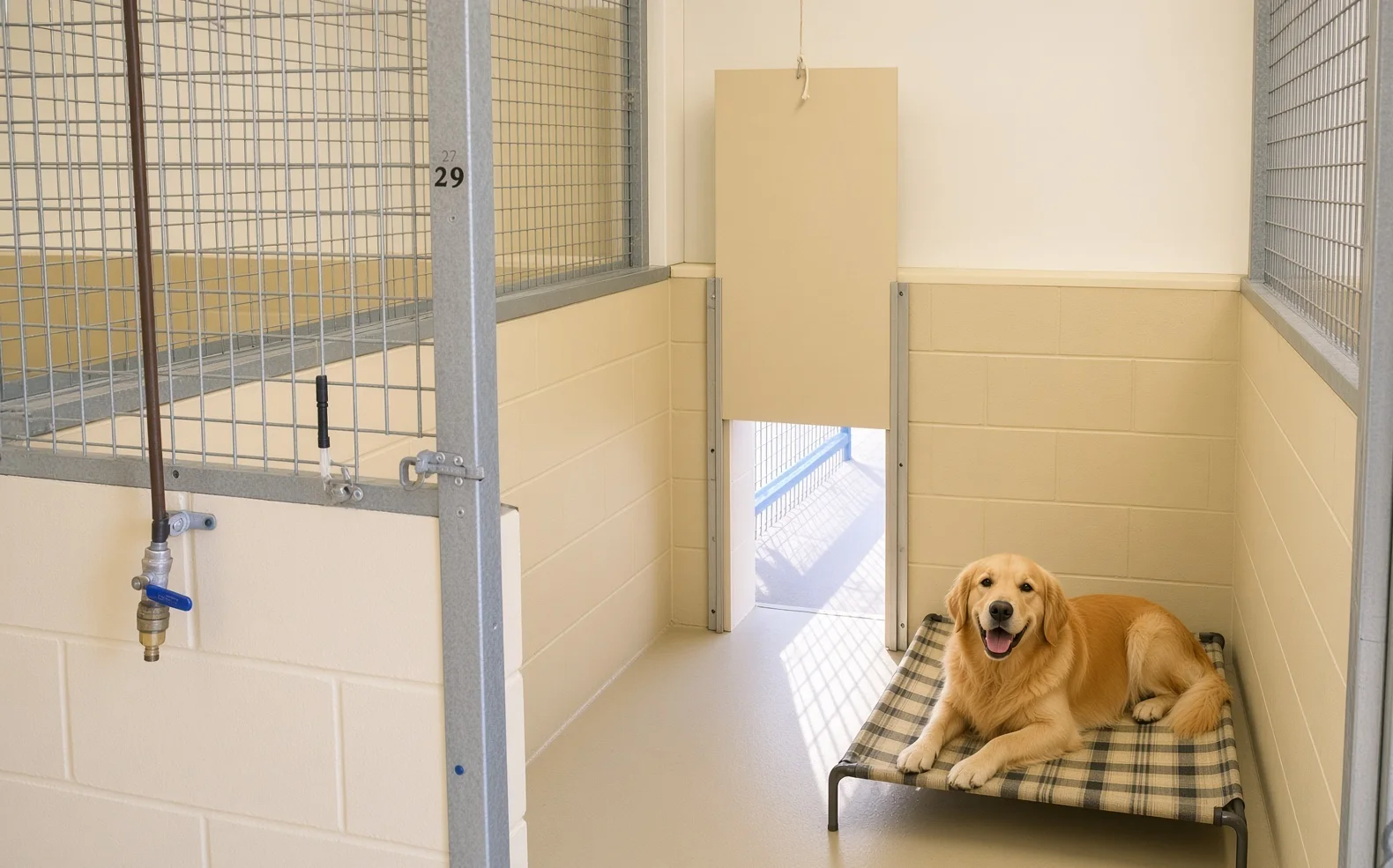 Dog resting on a trampoline bed in kennel sleeping quarters