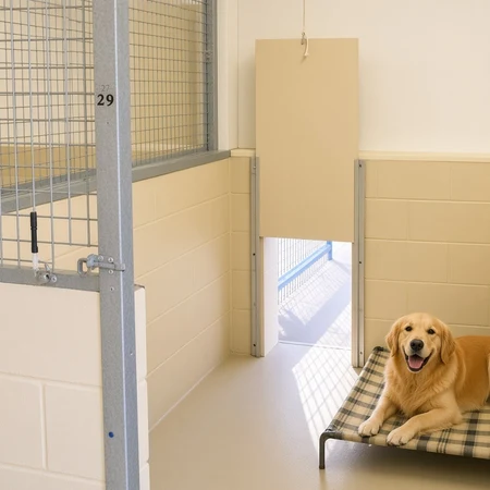 Dog resting on a trampoline bed in kennel sleeping quarters